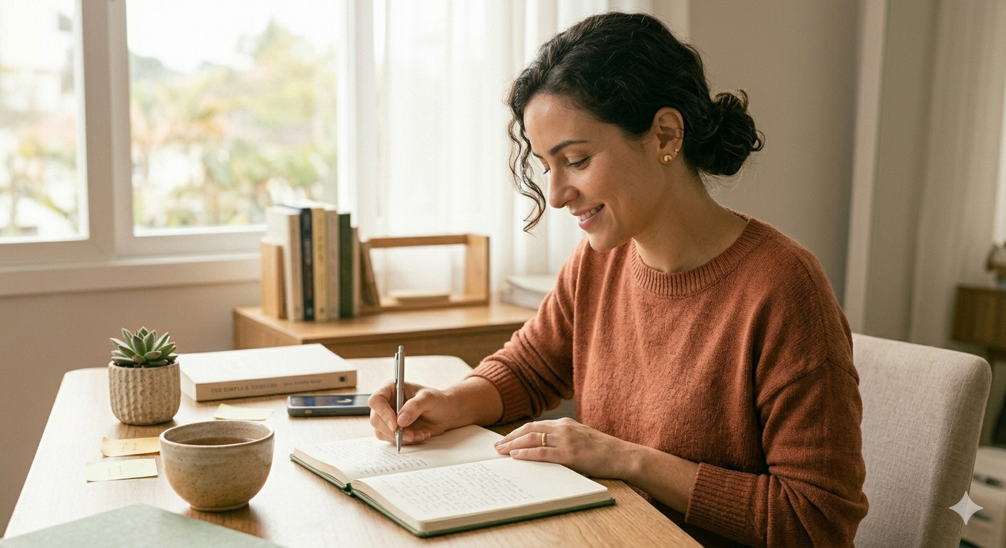 mulher grávida serena escrevendo em caderno com plantas ao fundo — organização durante a gestação