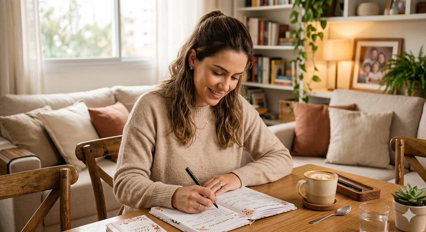 mae produtiva organizada com caderno e cafe — produtividade para maes