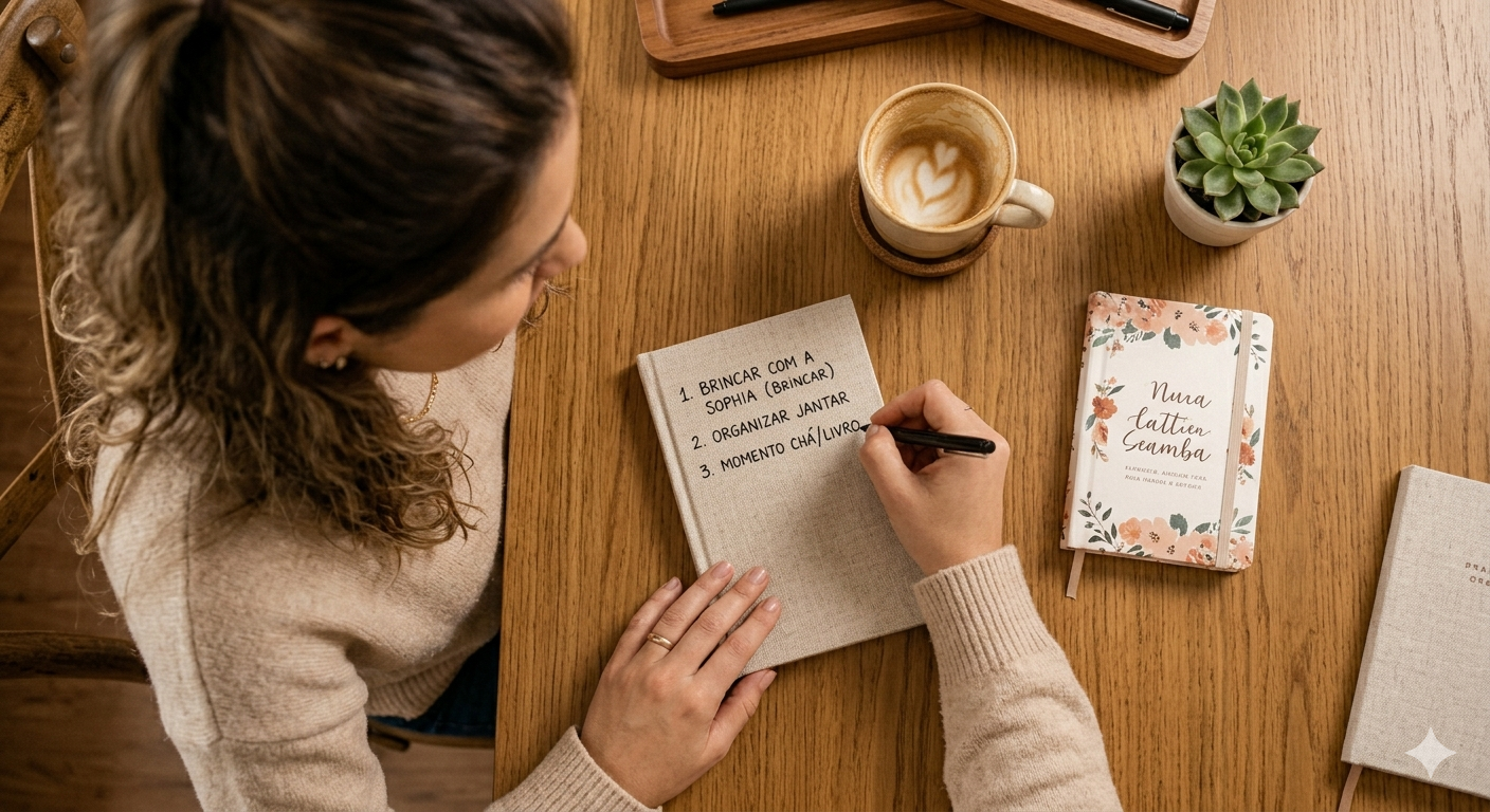 mãe escrevendo lista de prioridades no caderno — produtividade para mães