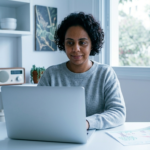 mãe com cabelo afro trabalhando em laptop com filho ao lado — trabalhar em casa com filhos