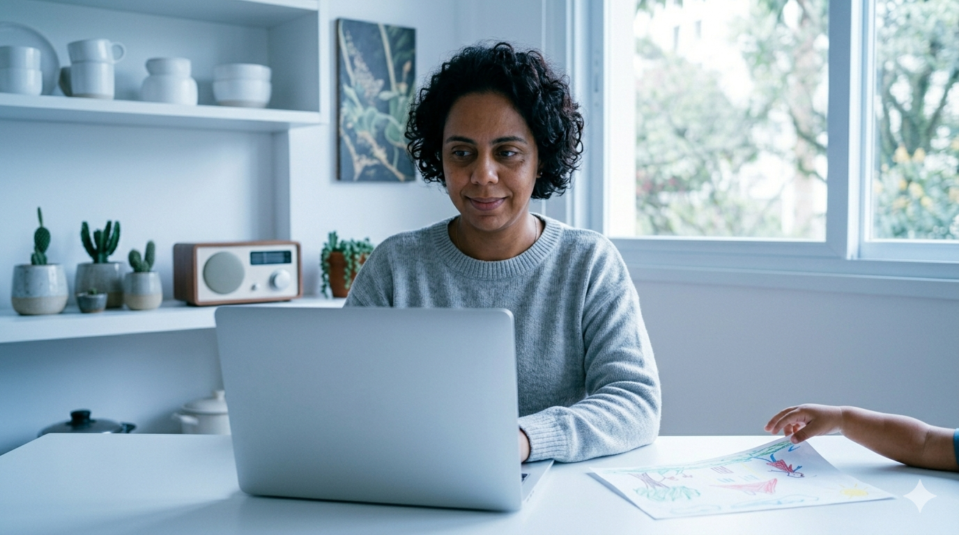 mãe com cabelo afro trabalhando em laptop com filho ao lado — trabalhar em casa com filhos