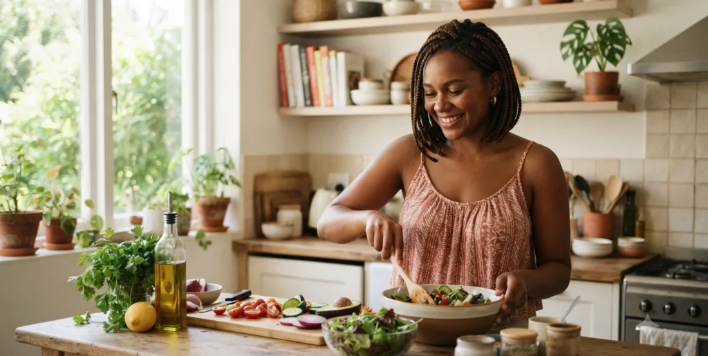 mulher preparando salada saudavel na cozinha, ingredientes frescos na mesa