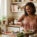 mulher preparando salada saudavel na cozinha, ingredientes frescos na mesa