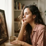 mulher olhando o proprio reflexo pensativa no espelho, momento introspectivo
