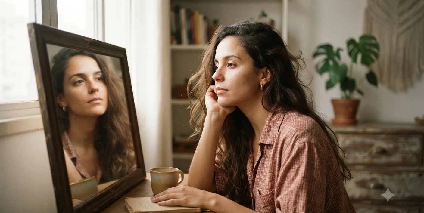mulher olhando o proprio reflexo pensativa no espelho, momento introspectivo