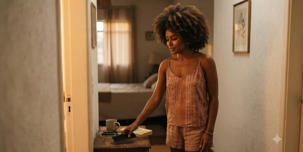 mulher deixando celular sobre criado-mudo fora do quarto a noite, transicao para descanso