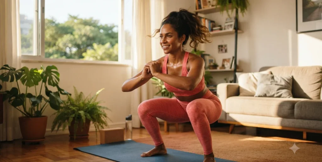 mulher fazendo agachamento em treino rapido em casa, tapete de yoga, luz da manha