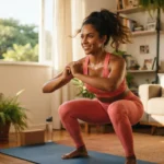 mulher fazendo agachamento em treino rapido em casa, tapete de yoga, luz da manha