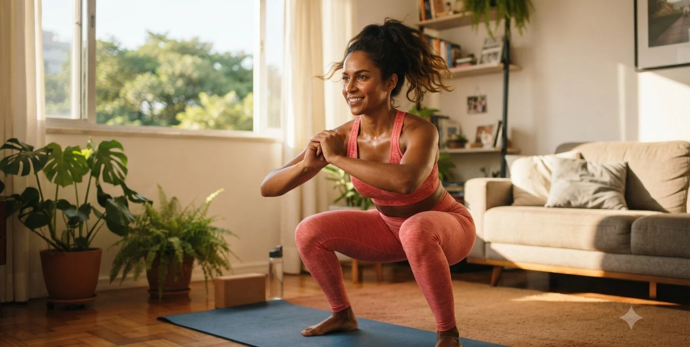 mulher fazendo agachamento em treino rapido em casa, tapete de yoga, luz da manha
