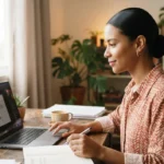 mulher olhando planejador digital minimalista no laptop, mesa de trabalho organizada