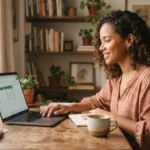 mulher revisando planilha de orcamento simples no laptop, mesa de trabalho tranquila com cafe