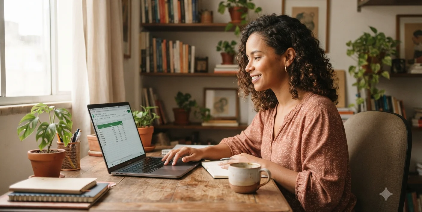 mulher revisando planilha de orcamento simples no laptop, mesa de trabalho tranquila com cafe