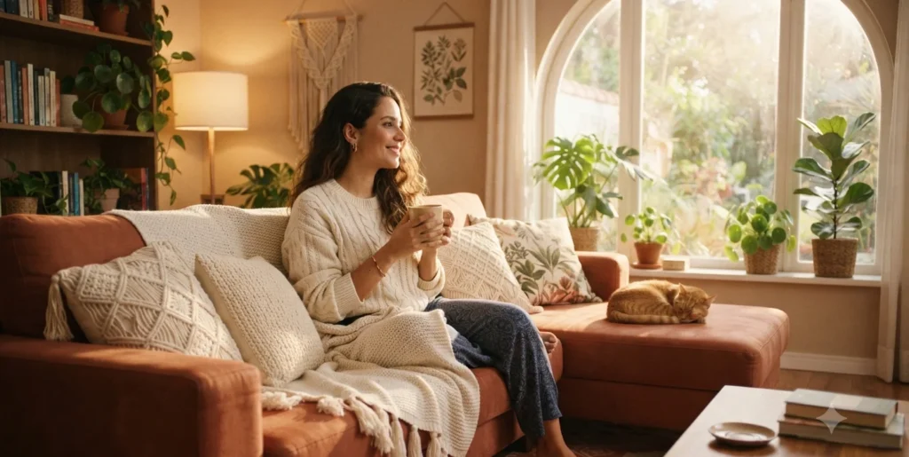 mulher relaxando no sofa com xicara de cha em uma manha de sabado — rotina de fim de semana produtiva