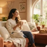 mulher relaxando no sofa com xicara de cha em uma manha de sabado — rotina de fim de semana produtiva