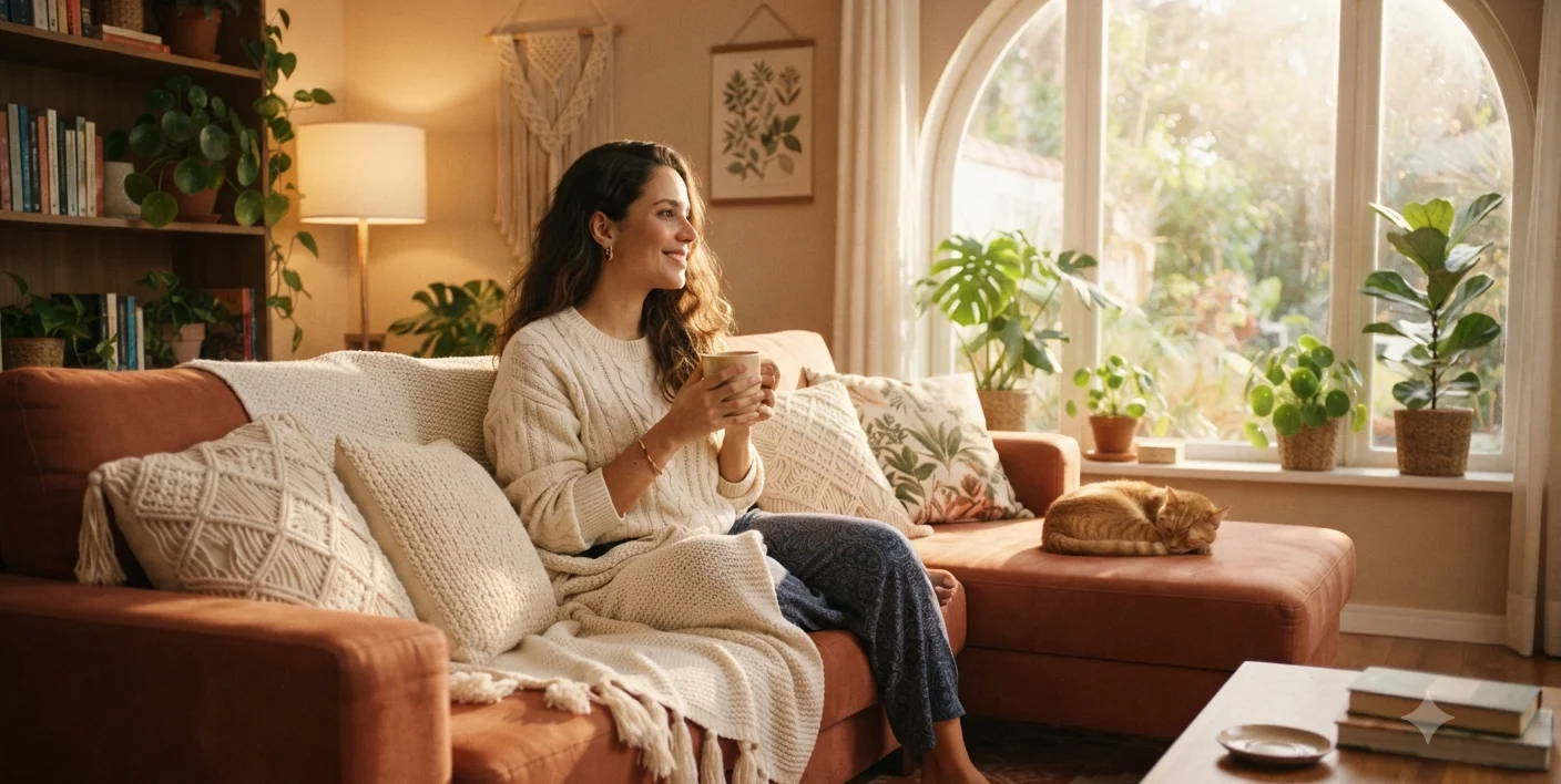 mulher relaxando no sofa com xicara de cha em uma manha de sabado — rotina de fim de semana produtiva