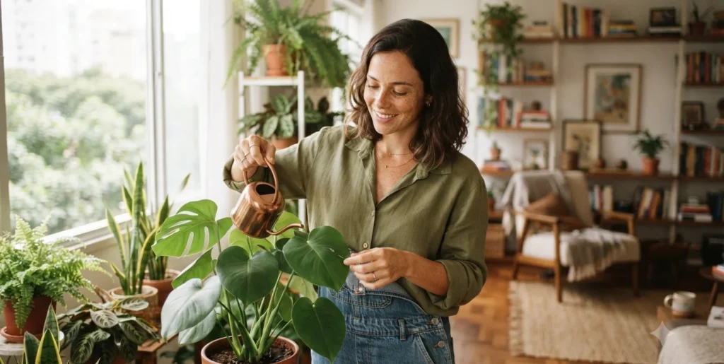 mulher regando planta em seu proprio apartamento, autonomia e bem-estar