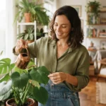 mulher regando planta em seu proprio apartamento, autonomia e bem-estar