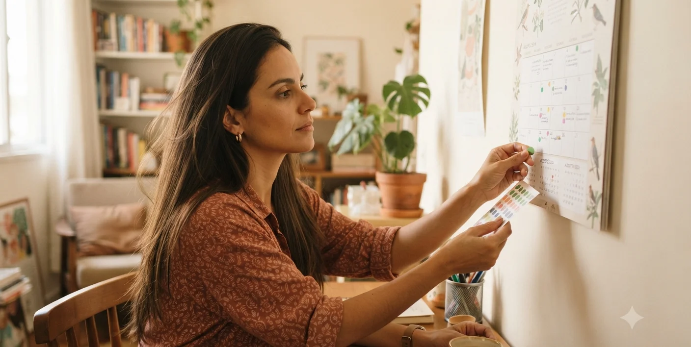 mulher marcando dias especificos no calendario de parede, planejamento por fase do ciclo