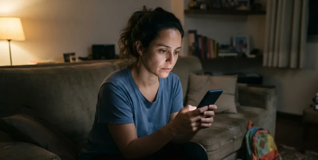 mulher brasileira sentada no sofá à noite olhando o celular com expressão cansada