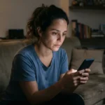 mulher brasileira sentada no sofá à noite olhando o celular com expressão cansada