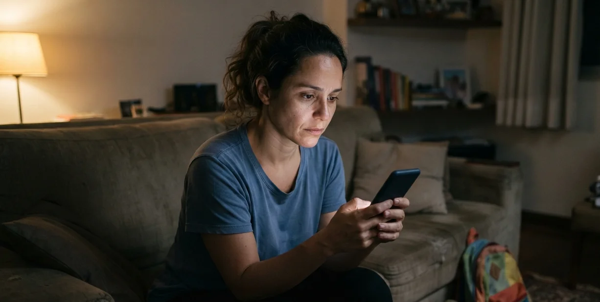 mulher brasileira sentada no sofá à noite olhando o celular com expressão cansada