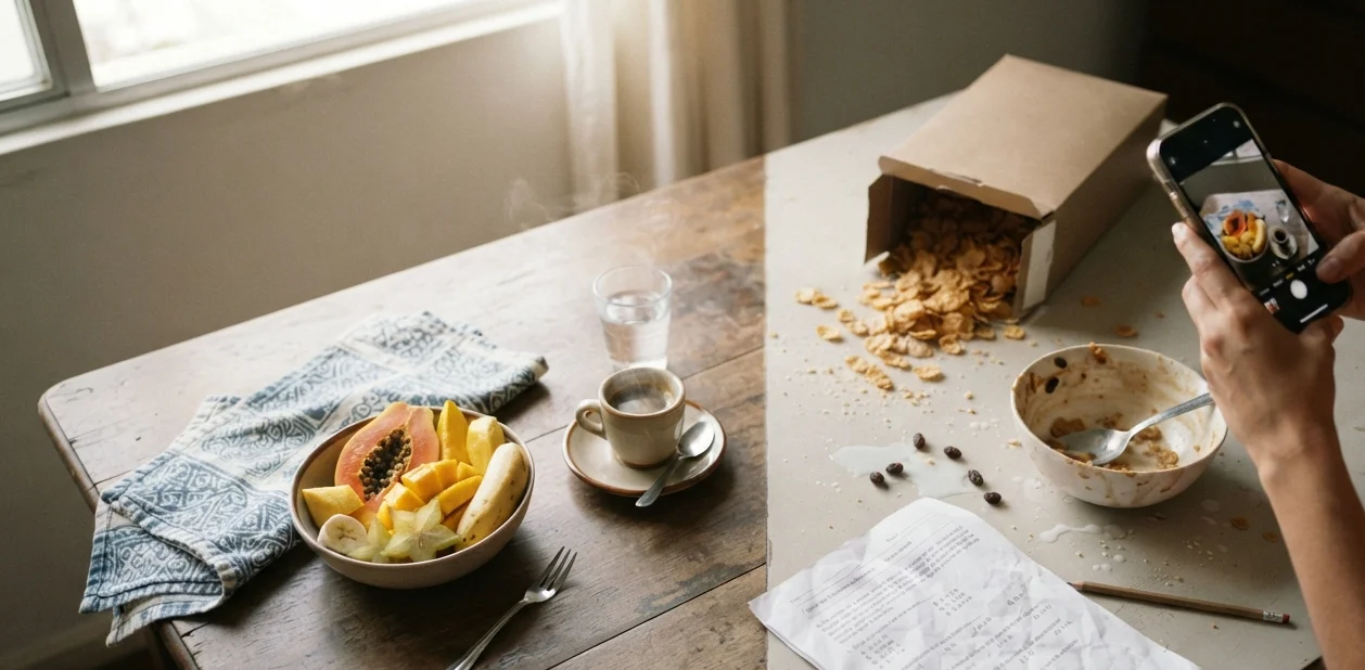 mesa de café da manhã com um canto arrumado e o restante bagunçado sendo fotografado pelo celular