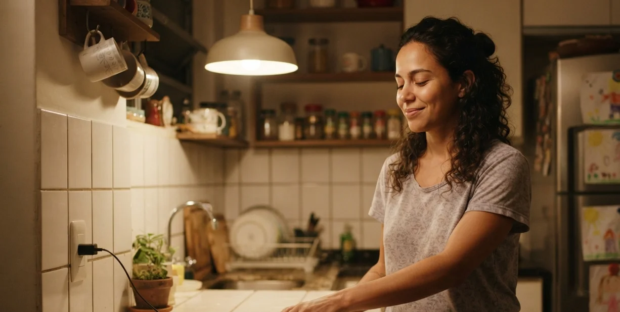 mulher deixando o celular carregando na cozinha antes de dormir