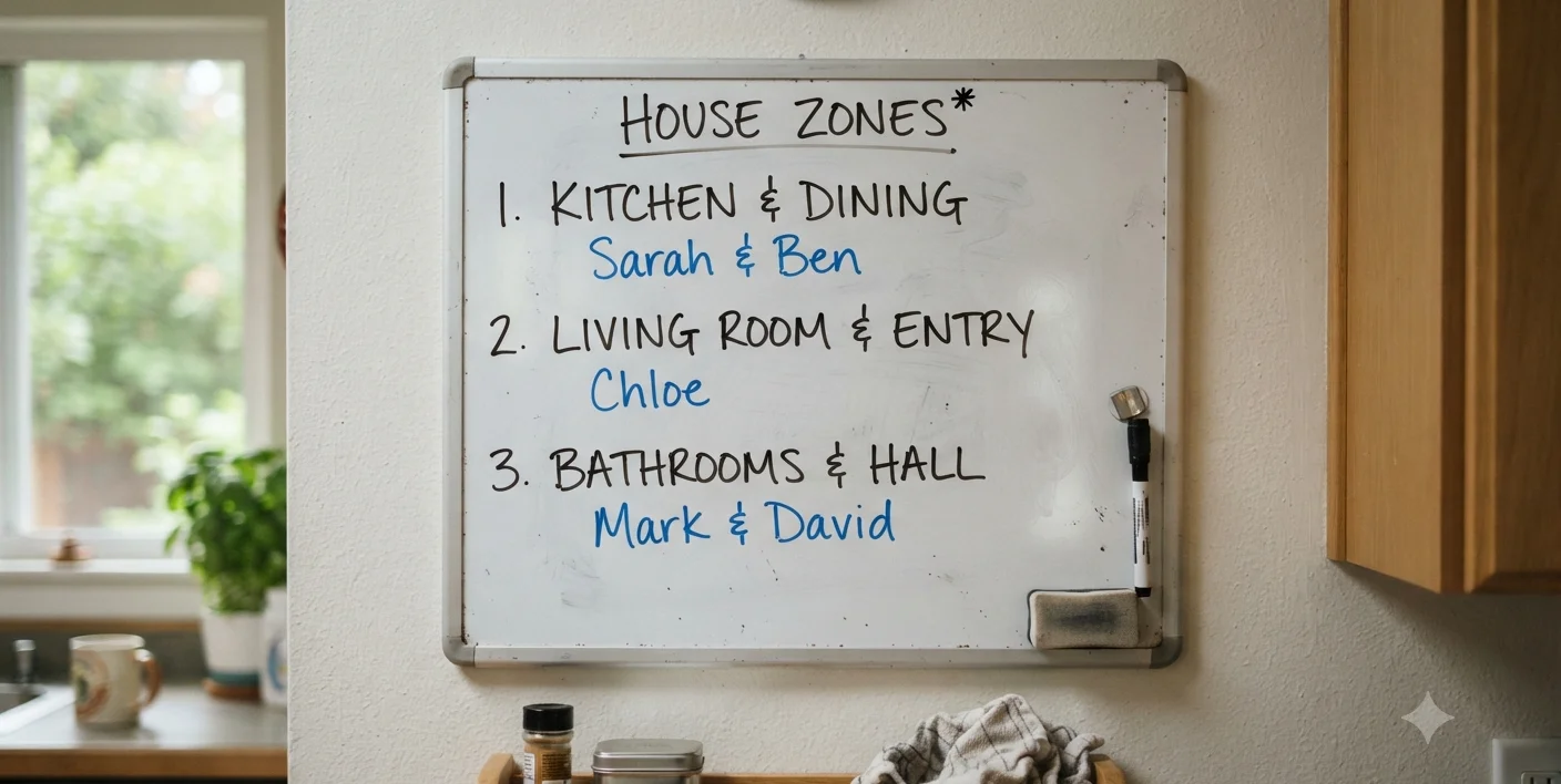 quadro na parede da cozinha com areas fixas da casa e nomes responsaveis por cada uma
