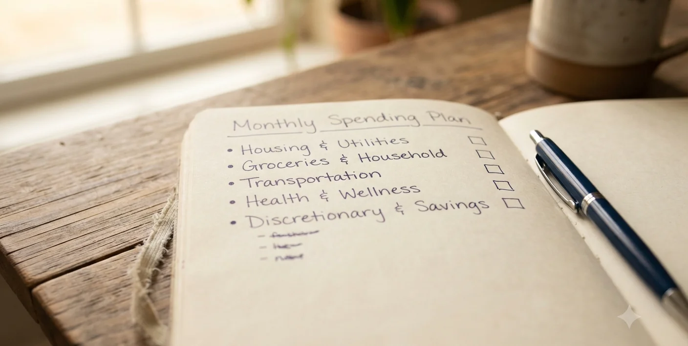 caderno com categorias de gastos simples escritas a mao, poucas categorias amplas