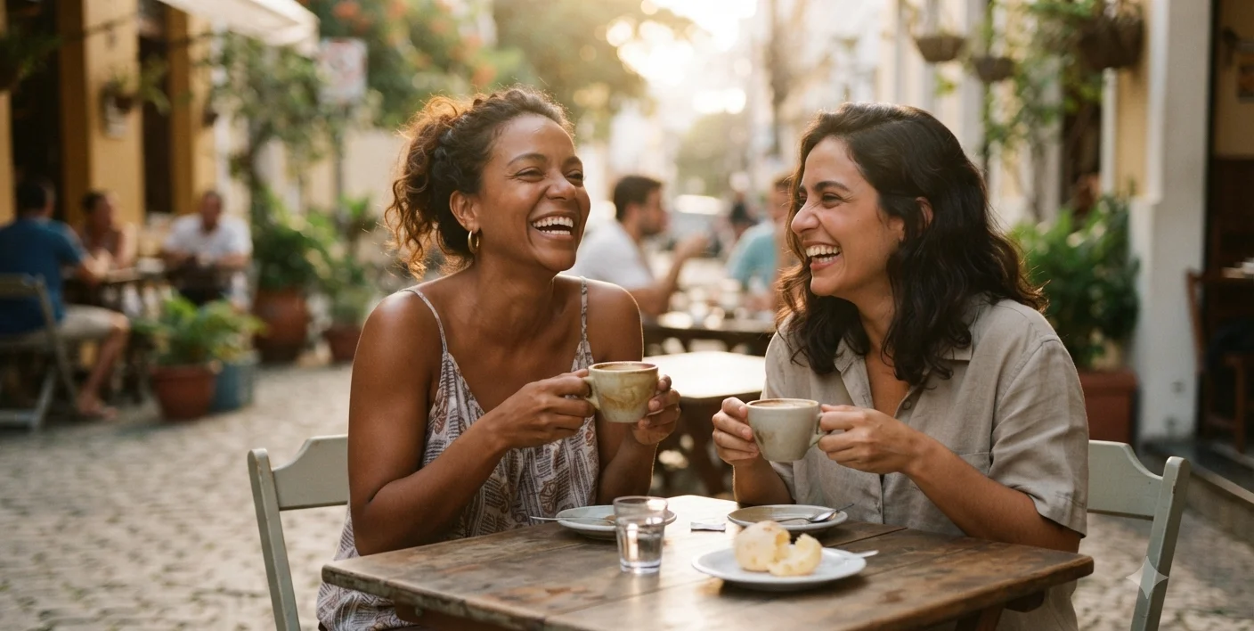 duas mulheres tomando cafe juntas em mesa de rua, conexao genuina