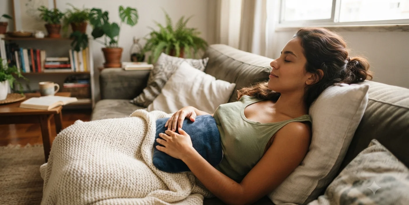 mulher deitada no sofa com bolsa termica na barriga, descansando durante dia dificil de tpm