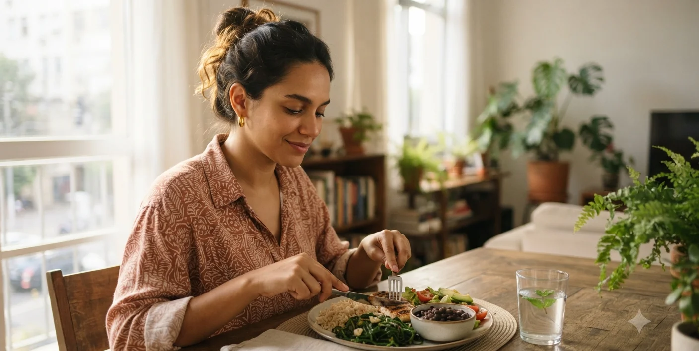 mulher comendo com atenção a mesa, copo de agua ao lado, sem celular
