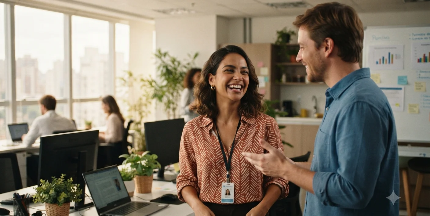 mulher sorrindo genuinamente ao receber elogio de colega de trabalho no escritorio