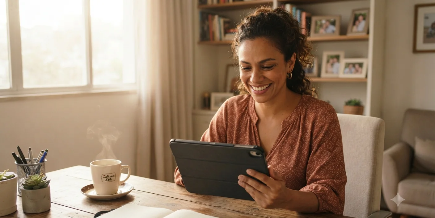 mulher sorrindo com tablet na mao revisando o dia pela manha, cafe ao lado