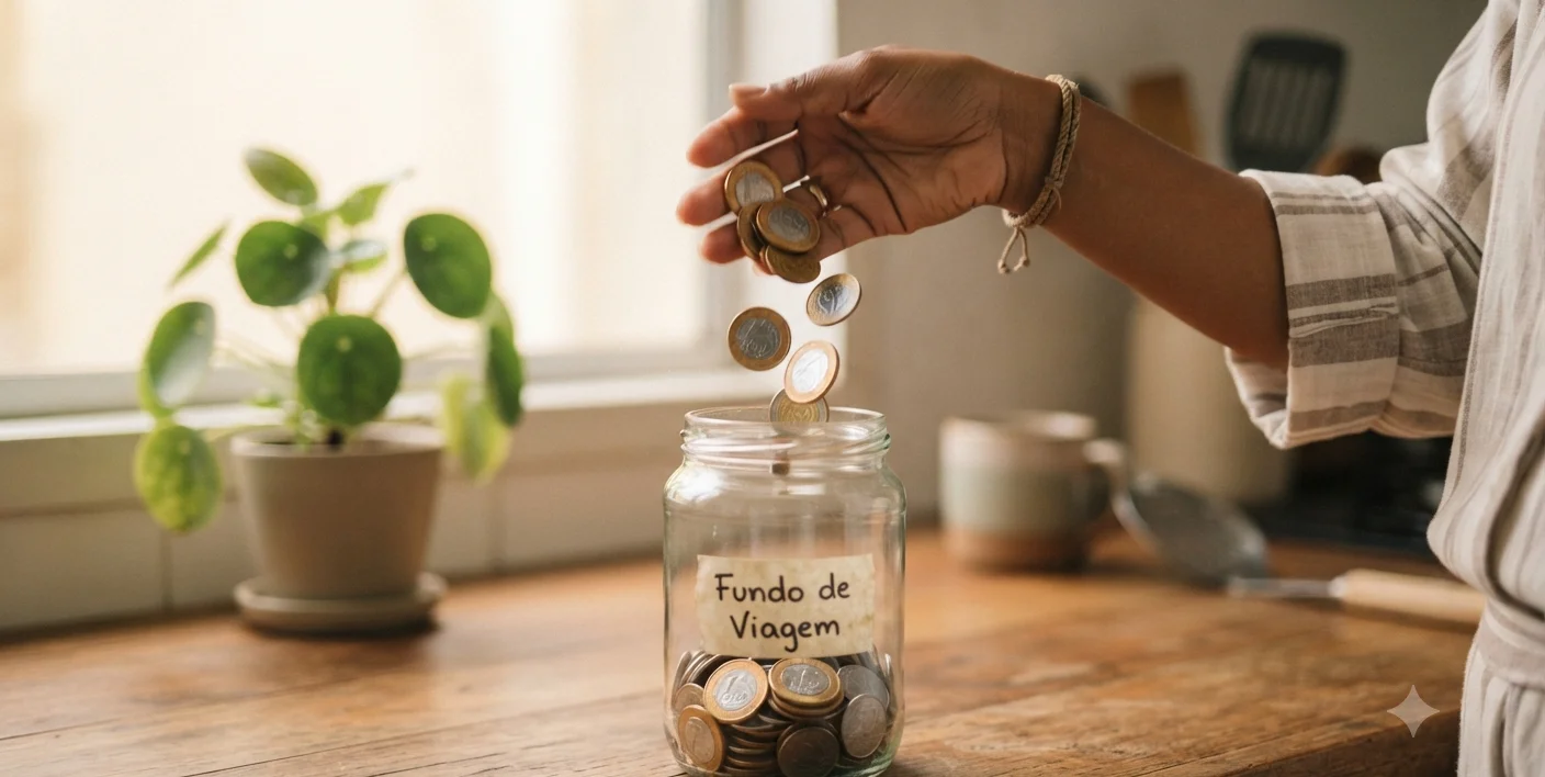 mao colocando moedas em pote de vidro com etiqueta fundo de viagem, poupanca gradual