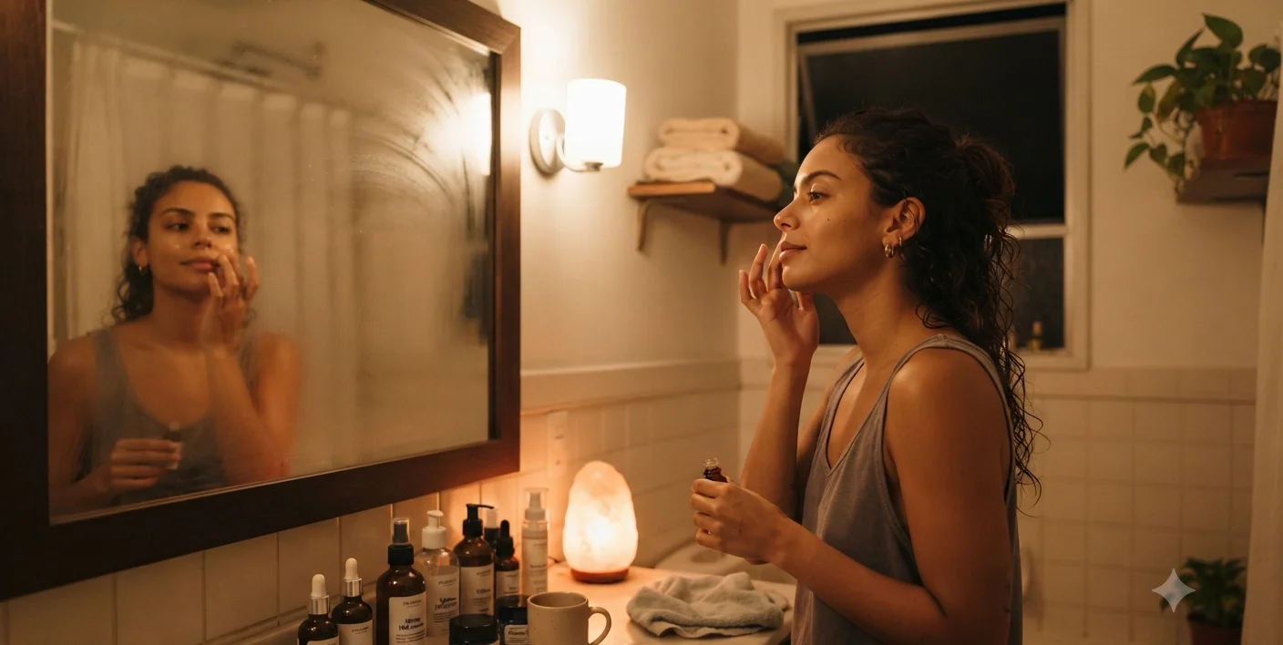 mulher fazendo skincare em frente ao espelho do banheiro a noite, autocuidado solo