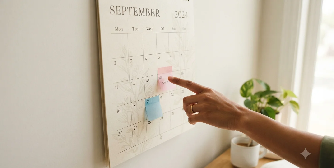 mao apontando para dia marcado no calendario com adesivos coloridos, planejamento por fase