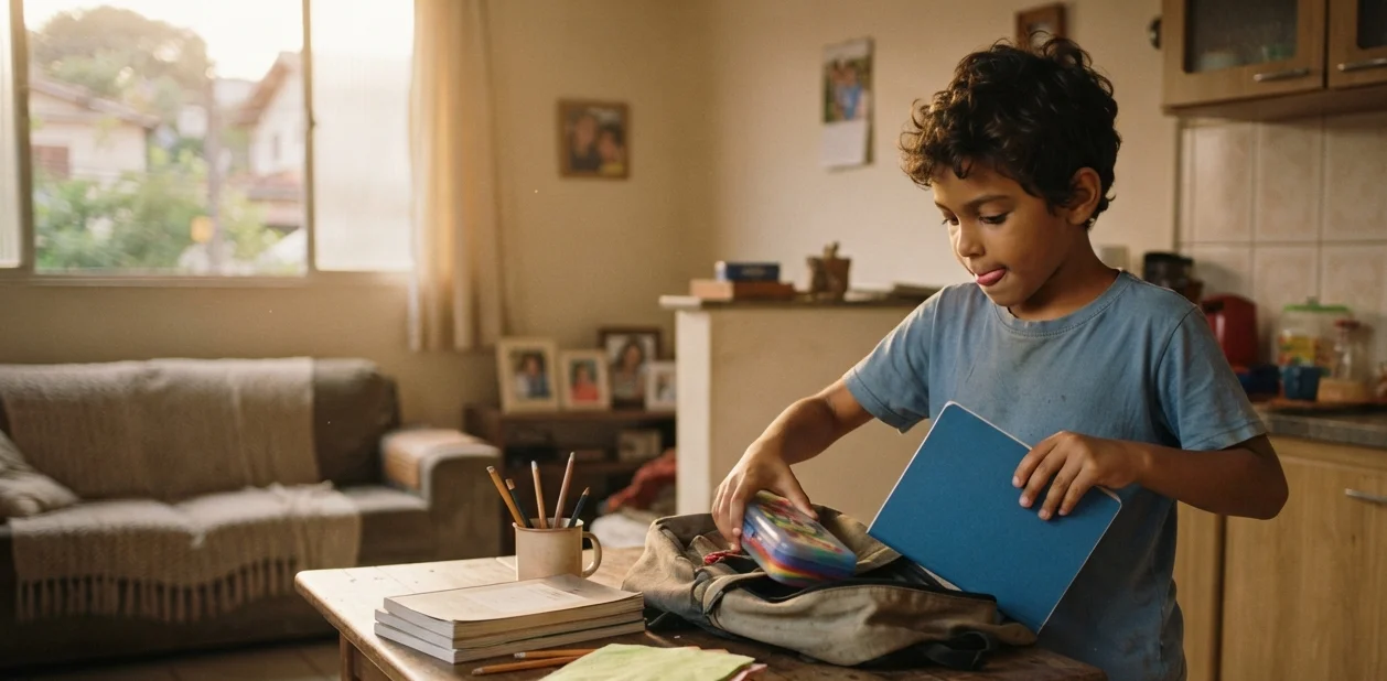 criança de 8 anos ajudando em tarefa doméstica simples