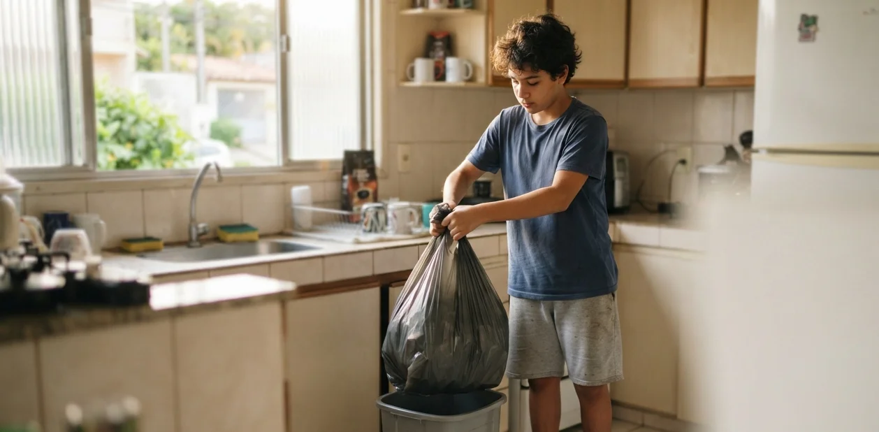 adolescente ajudando com tarefa doméstica mais complexa
