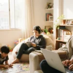 mãe trabalhando no notebook na sala enquanto os dois filhos brincam e leem durante as férias escolares