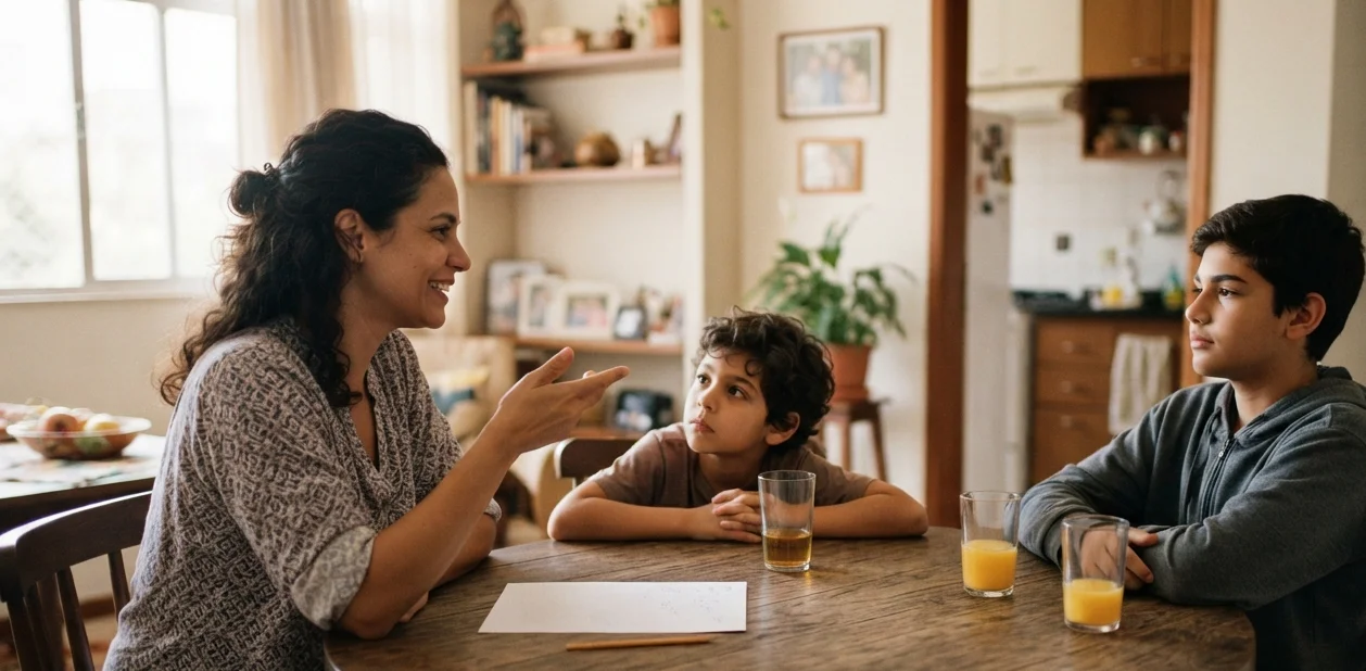 mãe conversando com os dois filhos à mesa para combinar os horários antes das férias escolares começarem