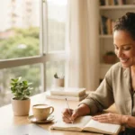 mulher brasileira de 40 e poucos anos escrevendo no planner em escritório em casa com luz da manhã