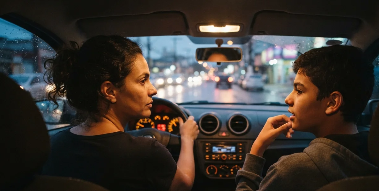 mãe e filho adolescente conversando no carro à noite, os dois olhando para frente
