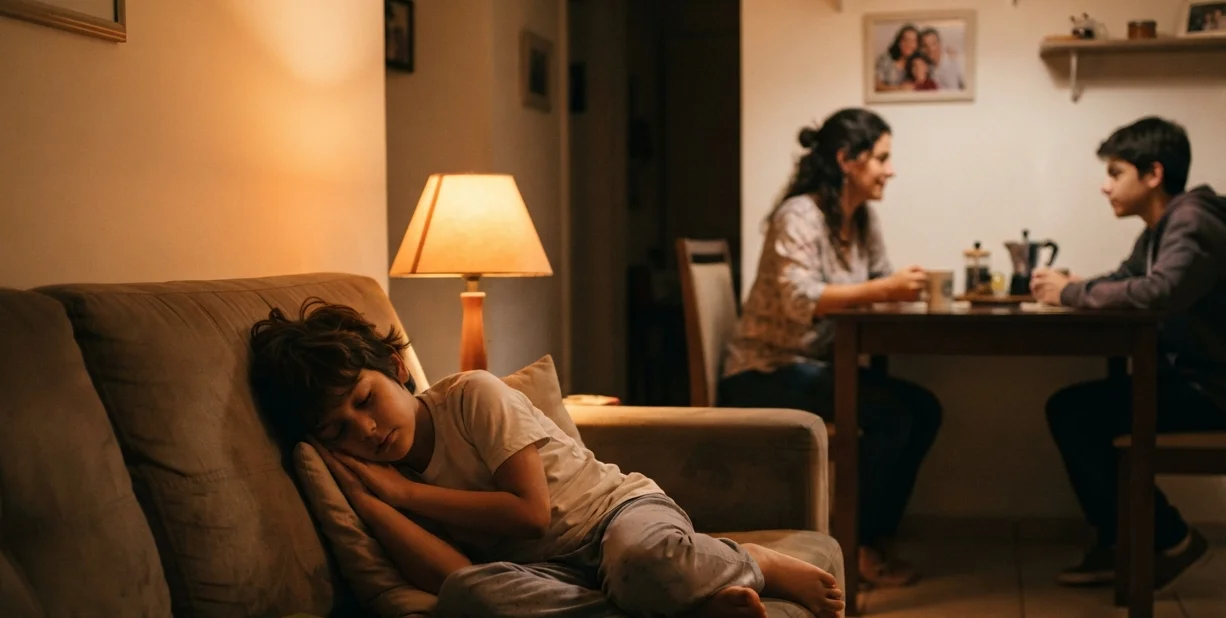 filho menor dormindo no sofá enquanto mãe e filho adolescente conversam à mesa ao fundo