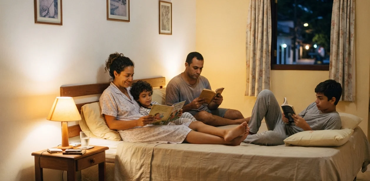 família mantendo a rotina durante viagem