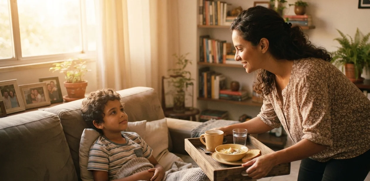mãe cuidando de filho doente em casa