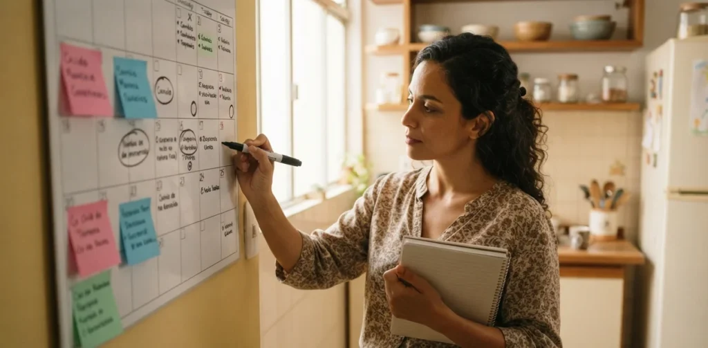 mãe brasileira anotando datas de provas e reuniões em calendário mensal na parede da cozinha