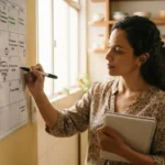 mãe brasileira anotando datas de provas e reuniões em calendário mensal na parede da cozinha