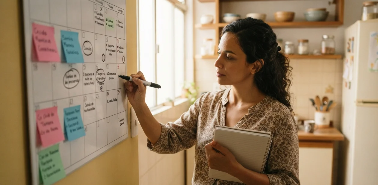 mãe brasileira anotando datas de provas e reuniões em calendário mensal na parede da cozinha