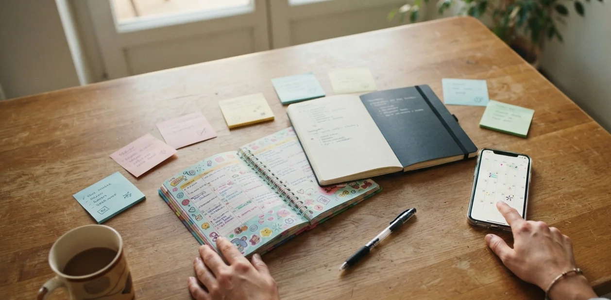 duas agendas escolares, celular com calendário e post-its coloridos sobre a mesa durante o planejamento mensal